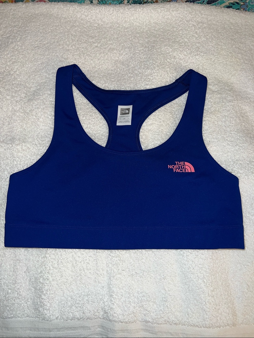 The North Face Royal Blue Racerback Sports Bra with Pink Logo